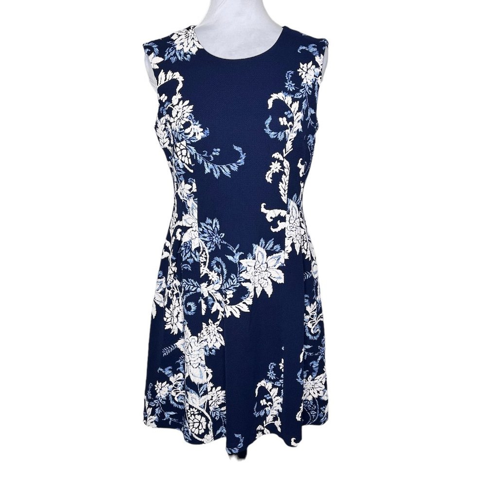 Studio One New York Short Sleeve Blue White Floral Fit & Flare Dress Sz 6